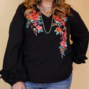 Boho ruffle sleeves,  floral embroidered top blouse size L black Savanna…